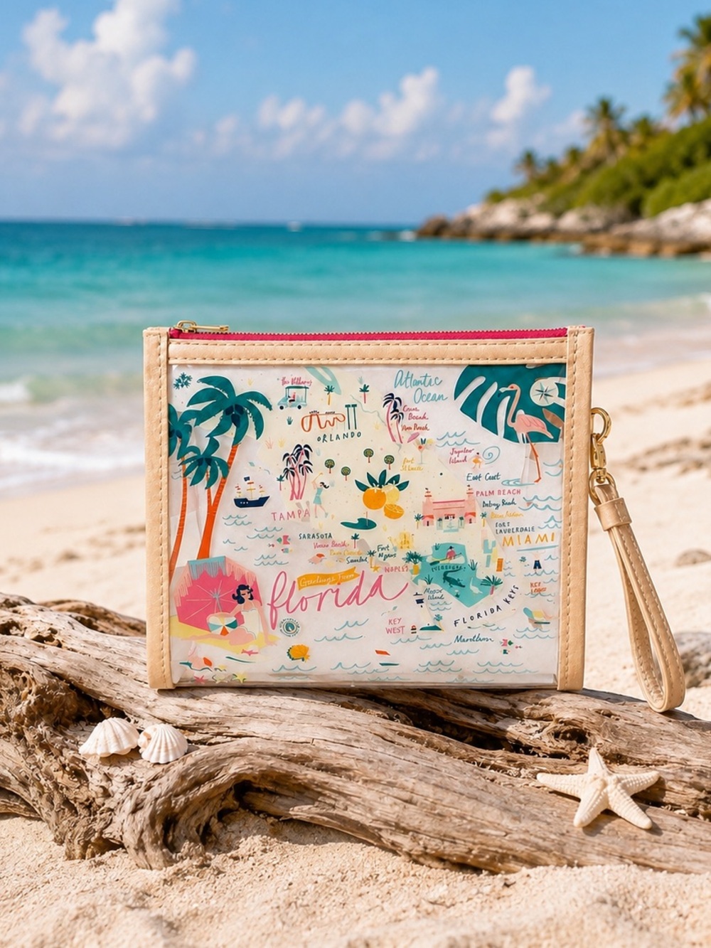 Spartina Florida Clear Beach Wristlet Map Pouch Travel Cosmetic Bag